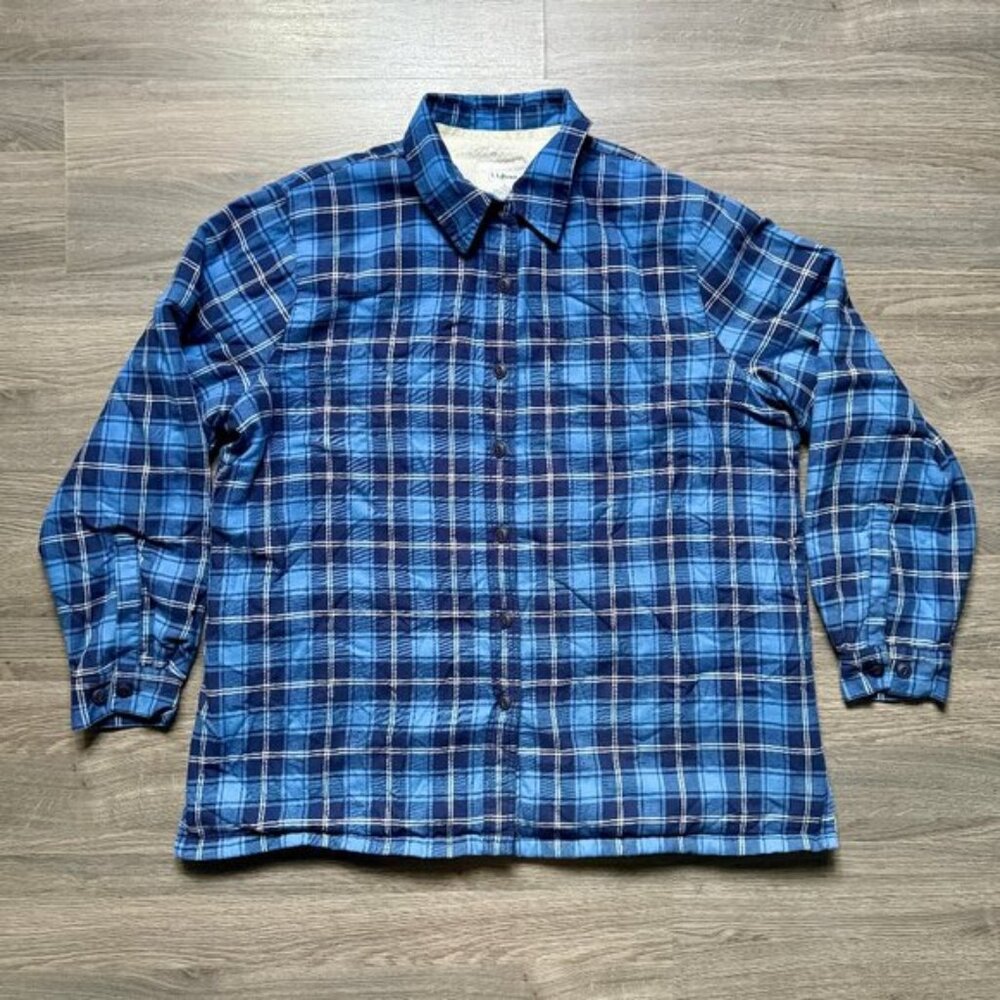 L.L. Bean Women's Sherpa-Lined Flannel Shirt, Snap-Front Plaid - Blue